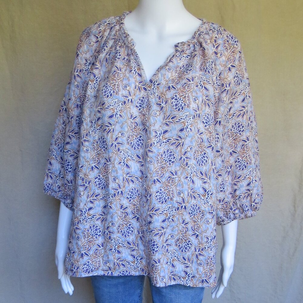 J. Jill Floral Peasant Blouse in Blue and Cream
